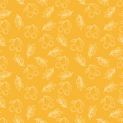 Leaves and Cherry seamless pattern wallpaper. line vector. Symbol vector, dessert, on a yellow background