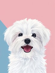 A white dog sitting on a colorful background with pink and blue hues