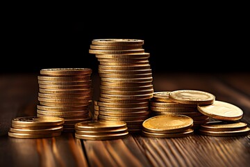 Stacks of gold coins on wooden table, business and finance concept