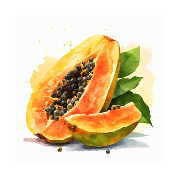 recommend clip art: Watercolor exotic orange papaya fruit with leaves botanical clip art. Watercolor DIY illustration isolated on white background for menu design, print, social media