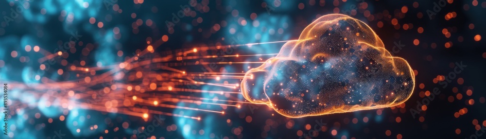 Poster digital cloud icon with glowing lights and particles, symbolizing cloud computing, data transfer, an