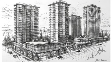  Sketch of luxurious condos in a metropolitan area, hand drawing with black pen on paper in the style, high angle, cityscape, street, streets, sketch book page, skyline