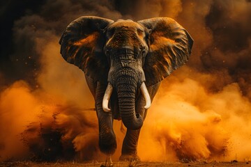 Fototapeta premium Majestic Elephant Dominates the African Savanna Dust Swirling in Dramatic Atmosphere