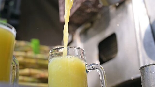 Vendor pouring sugar cane into glass, Man make eco sugarcane juice. Rural guy produce sweet rum drink. Street vendor chop up raw cane fiber. Local maker sell sugar sap. Grinder mill crush sugarcanes