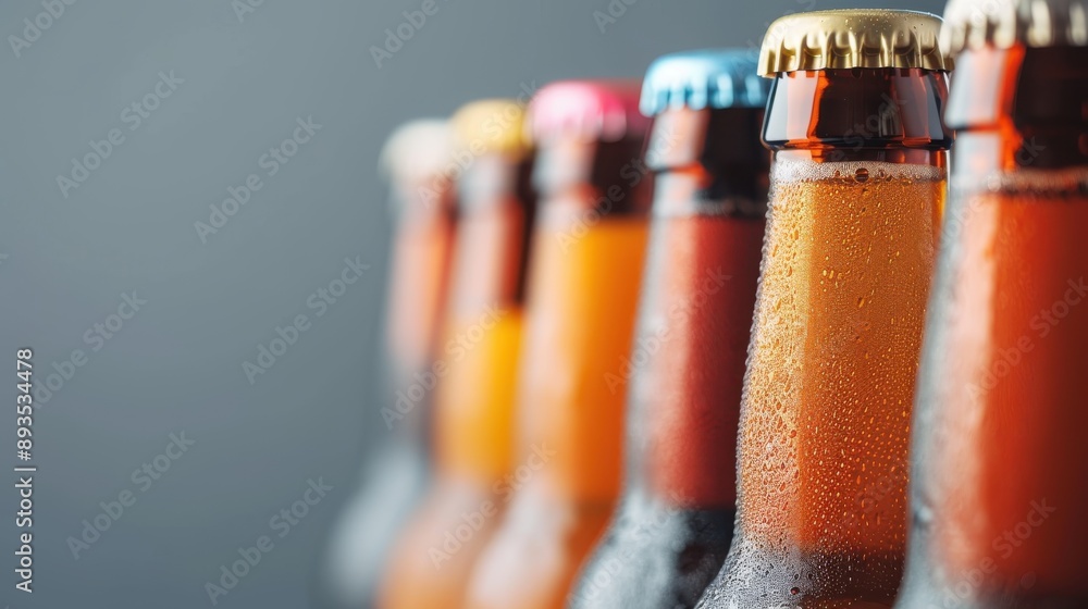 Poster an image displaying a row of different colored beer bottles, showcasing variety and diversity in cra