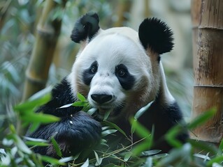 Naklejka premium Giant Panda Munching on Bamboo in Dense Bamboo Forest Surrounded by Green Leaves