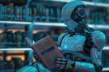 Fototapeta premium Futuristic Robot Reading Book in Library