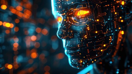 Digital Face with Circuitry and Glowing Lights