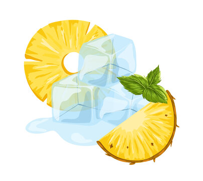 recommend clip art: Ice crystal cubes, ananas, mint. Cartoon hand drawn vector illustration. Transparent freeze water for alcohol and beverage for cooling.  Frozen clear crystal pieces.