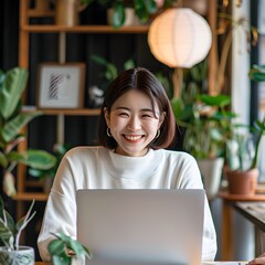 
working Japanese woman with laptop, office, smile, wide shot, real photo