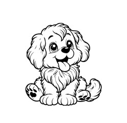 Adorable cartoon puppy smiling and sitting happily. Cute fluffy dog with friendly expression, wagging tail, and tongue out. For kid coloring book, t-shirt print, greeting card. Vector illustration