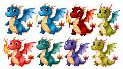 Obraz premium Watercolor illustration of Fantasy dragons. Cartoon scary fire breathing flying reptiles, fairy dragon characters, generative ai