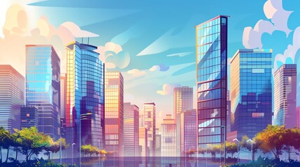 A cartoon illustration of a cityscape with tall buildings.