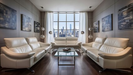 Modern living room with white leather sofas