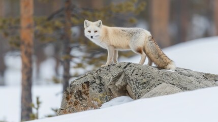 An arctic fox with white fur stands on a rock next to a frozen pond in a snowy forest setting