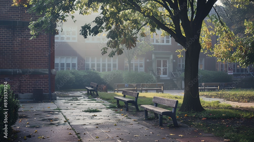 Sticker A morning scene featuring a schoolyard with empty benches and a calm, misty atmosphere, waiting for students to arrive.