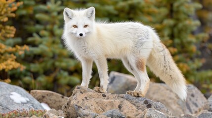 A white Arctic fox stands on a large rock, looking directly at the camera. The fox is in a lush garden setting with green trees and white flowers in the background