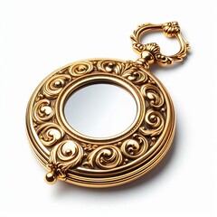 51 17. A golden pocket mirror with ornate handle, isolated on wh