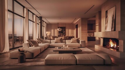 Luxurious modern living room with lit fire