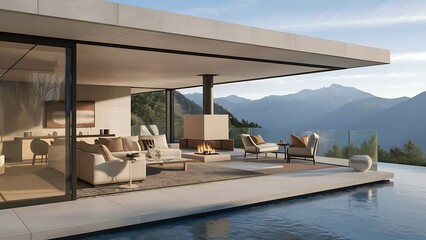 Fototapeta premium Modern living room with mountain view 3d rendering image.