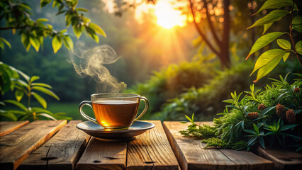 Cozy morning ambiance: a solitary steaming cup of hot tea sits on a rustic wooden table, surrounded by lush greenery and soft, golden lighting.