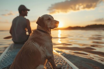 man sitting on sup board with golden retriever dog. ai generated