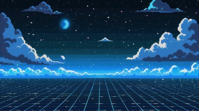 Pixelated Night Sky with a Grid Horizon