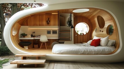  Small home built, geodesic dome, spherical shape, single floor with a loft, energy-efficient and modern, futuristic interior with modular furniture, garden