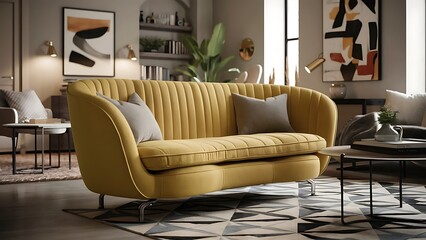 Modern yellow sofa in a fresh living room