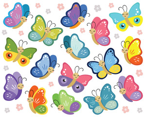 Set of smiling multicolor butterfly clipart. Vector illustration of butterfly cartoon collection on white background. Flying butterfly isolated. Baby shower design elements. Party invitation, birthday