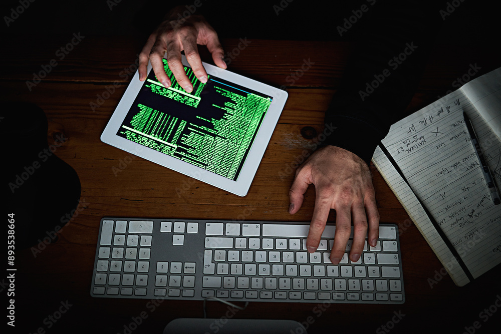 Poster hacker, hands and tech for typing code for access, online scam and programming at night. man, cyber 
