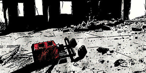 Fototapeta premium The Smoldering Remains of Innocence: A charred toy lying amidst the rubble of a bombed-out building
