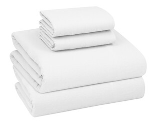 White folded bedding sheets on white background, A stake of white folded bed linen or duvet cover on white background