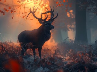 Regal Stag Silhouette in Misty Forest at Dawn with Ethereal Lighting