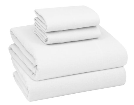 White folded bedding sheets on white background, A stake of white folded bed linen or duvet cover on white background