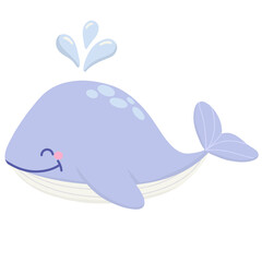 Cute Smiling Cartoon Whale with Water Spout in Pastel Colors