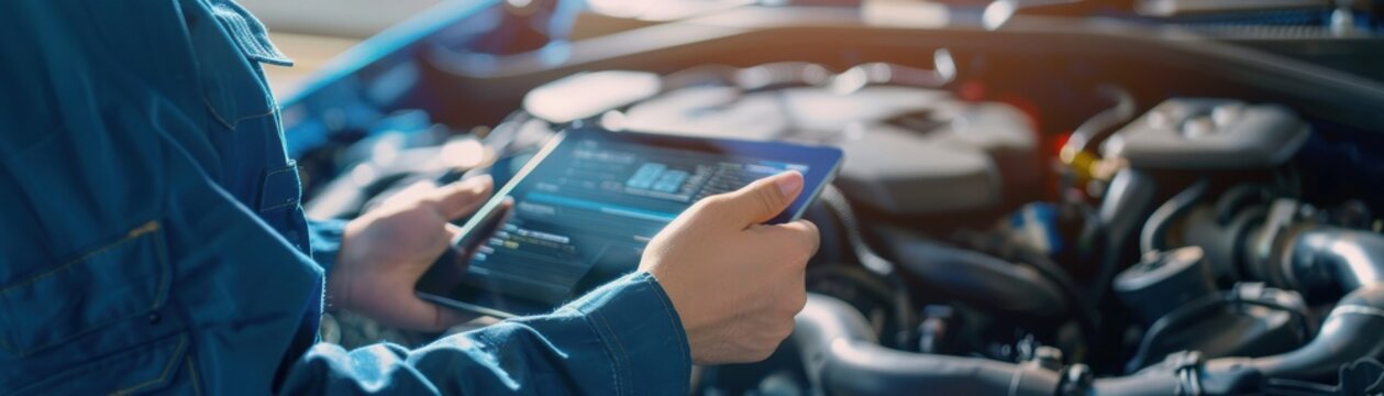 Mechanic using a digital tablet to diagnose car engine issues. Automotive technician working with advanced technology in a modern auto repair shop.