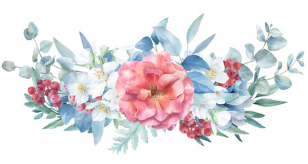 watercolor orange roses border, PNG, transparent backdrop, peach color bouquet with eucalyptus