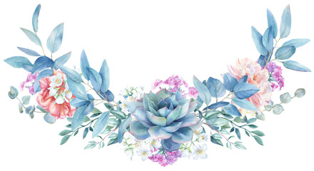 watercolor orange roses border, PNG, transparent backdrop, peach color bouquet with eucalyptus