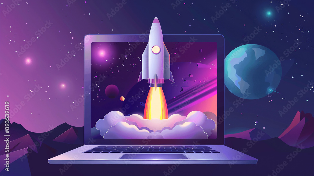 Poster space rocket shuttle with cloud of smoke and explosion takes off from laptop on work office desk wit