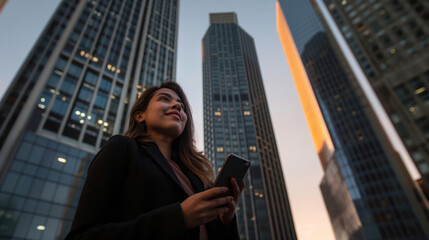 Low angle shot of latin Bolivian businesswoman using phone
