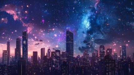 Obraz premium A cityscape with skyscrapers illuminated by city lights under a starry night sky.
