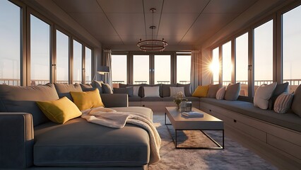 Obraz premium Yellow pillows and blanket on grey sofa in modern living room in