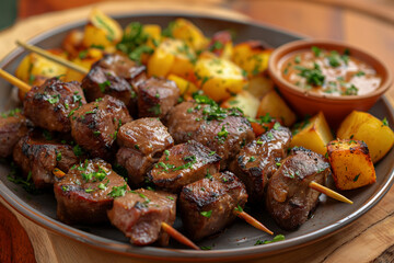 Traditional Bolivian Anticuchos: Marinated Beef Skewers with Roasted Potatoes and Ají Sauce