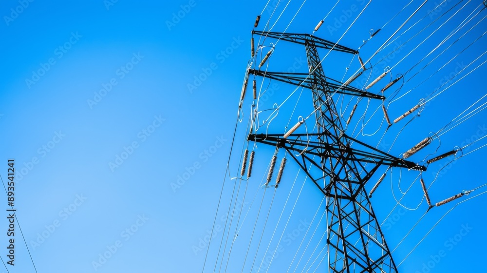 Poster A close-up view of power lines against a clear blue sky, showcasing the intricate patterns they form.