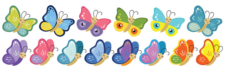 Obraz premium Set of smiling multicolor butterfly clipart. Vector illustration of butterfly cartoon collection on white background. Flying butterfly isolated. Baby shower design elements. Party invitation, birthday