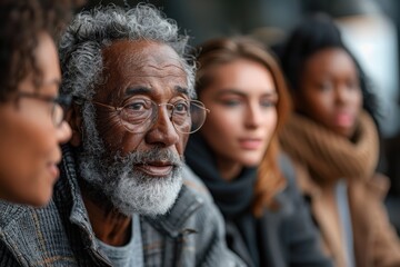 Portrait of an elderly man with a gray beard, wearing glasses, and a striped jacket, surrounded by a diverse group of people in the background, looking thoughtful.