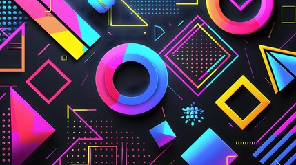 Abstract background with bright geometric shapes on a dark background in Memphis style. Back in the 90s