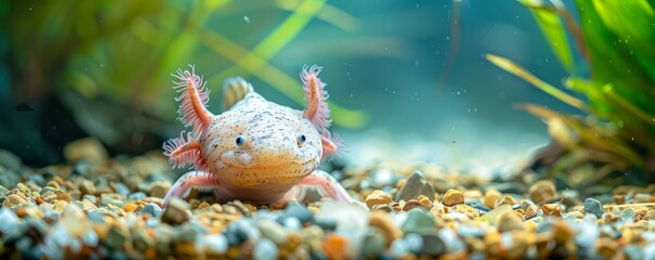Axolotl resting on the aquarium gravel, amphibian,