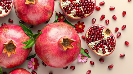 Vibrant pomegranate fruits with seeds and floral accents, showcasing freshness and natural beauty ideal for health and food themes.